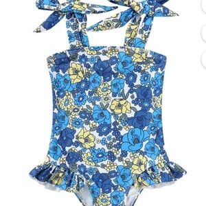 9-12M Baby Girl Swimsuit Blue Floral One-Piece Bathing Suit Summer Chic
